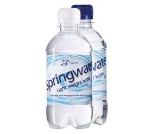 Waterflesje 330 ml. met eigen opdruk (platte dop)